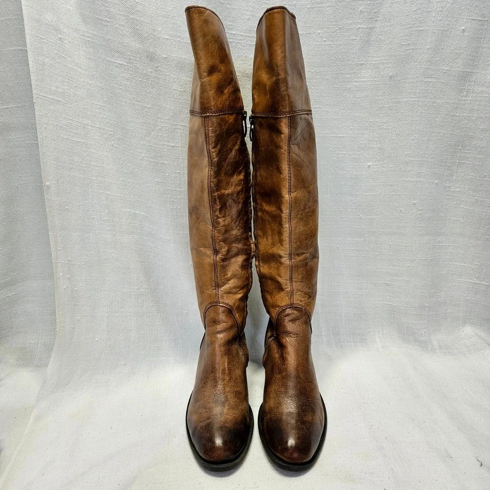 Vince Camuto Over The Knee Boots W 7.5 Brown Studded Distressed Leather Buckle